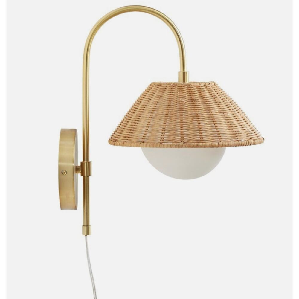 New in Box Gold Iron Wall Sconce with Rattan Shade, Modern Plug in Wall Light